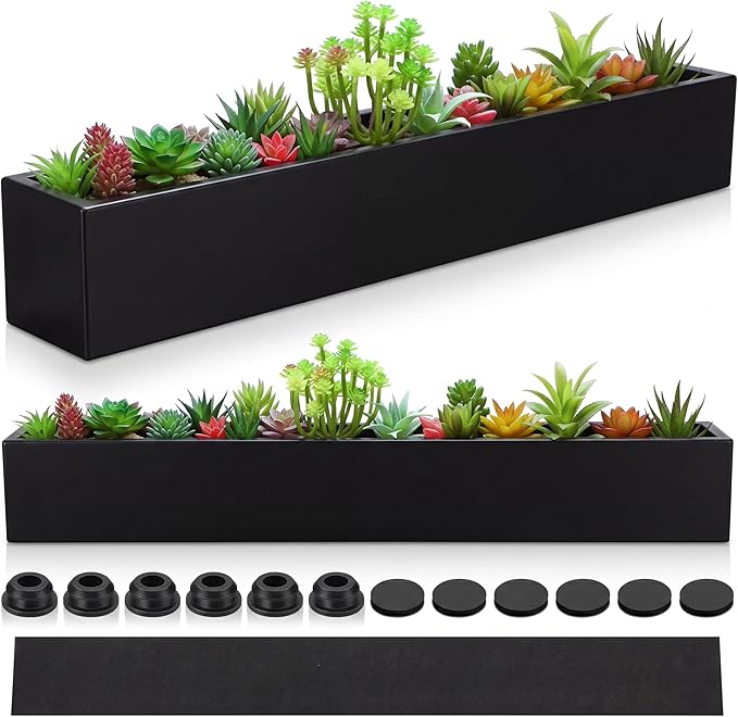 FillTouch 2 Pcs Long Rectangular Planter Box Window Sill Plant Box Metal Water Trough Indoor Large Modern Steel with Drainage Holes Herb Garden Home (32 x 3.5 x 3.5 Inch,Black)