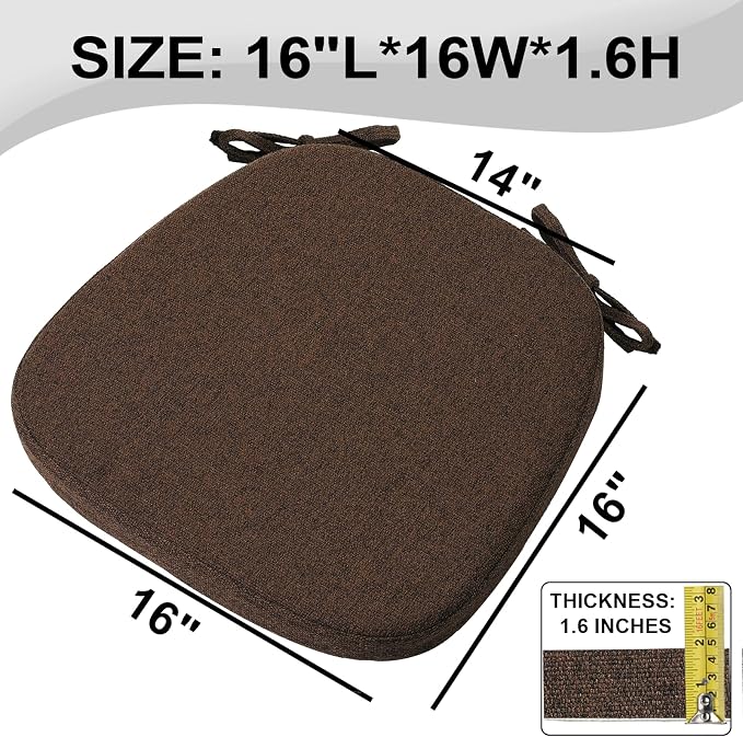 SINOSSO 6 Pack Memory Foam Chair Cushions for Dining Chairs, Friendly Woven Fabric 16" U-Shape Comfortable Kitchen Chair Pads, Removable Slip Resistant Seat Cushions (Set of 6, Dark Brown)