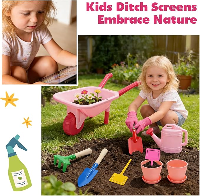 CUTE STONE Kids Gardening Tool Set, Pink Wheelbarrow with Garden Toys with Watering Can, Gloves, Hand Rake, Shovel, Trowel, Outdoor/Indoor Pretend Play Toys for Toddlers Boys Girls Age 3+