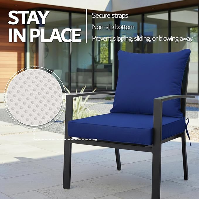 24x24 Inch Outdoor Chair Cushion with Removable Cover, Patio Furniture Cushion - Water-Repellent, Fade-Resistant, Non-Slip Bottom & Straps, Replacement for Deep Seat Sofa & Couch - Navy