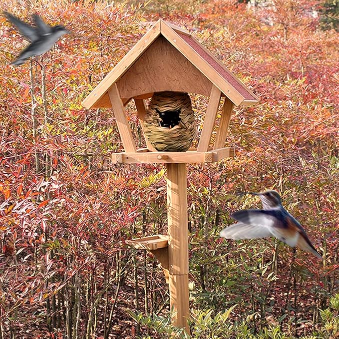 Gute Hummingbird Houses for Outside Hanging, Natural Grass Hanging Bird Hut, Hand Woven Hummingbird Nest, Large Wren Finch Bird House for Garden Window Outdoor Home Decoration, Set of 2