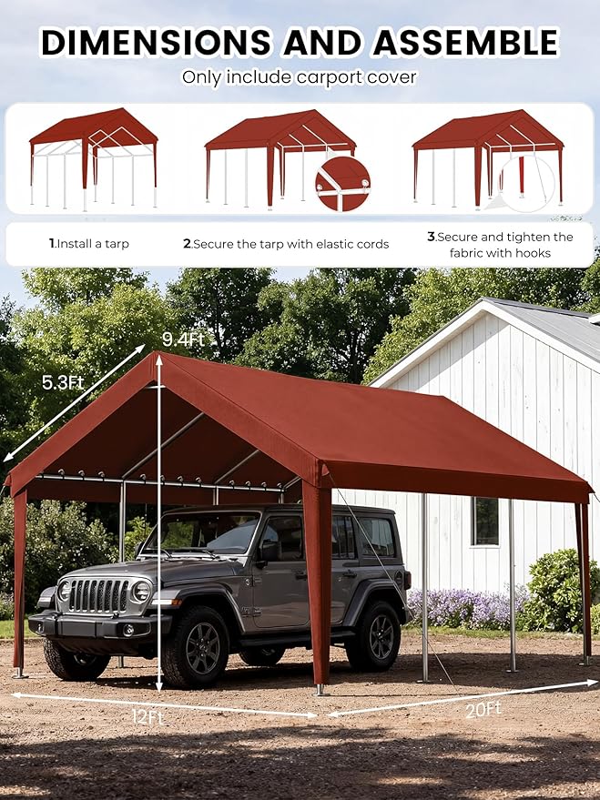 12 x 20 Ft Carport Replacement Cover, Heavy Duty Outdoor Car Tarp Canopy, Waterproof & UV Protected Tear Oxford Tarp with Ball Bungees (Frame is Not Included)