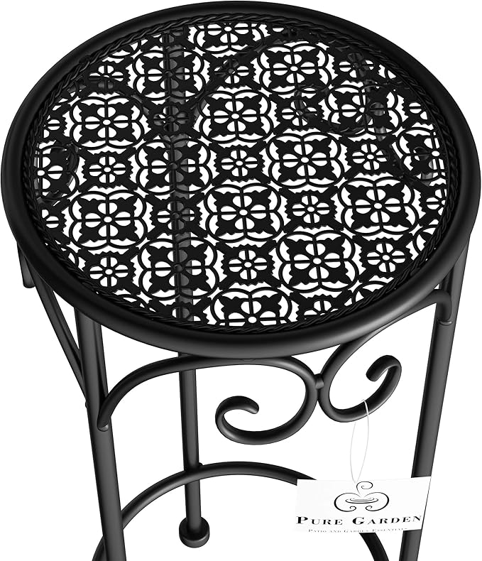 Pure Garden Plant Stand 3-Tier Vertical Shelf Indoor or Outdoor Folding Wrought Iron Home Garden Display with Laser Cut Shelves (Antique White)