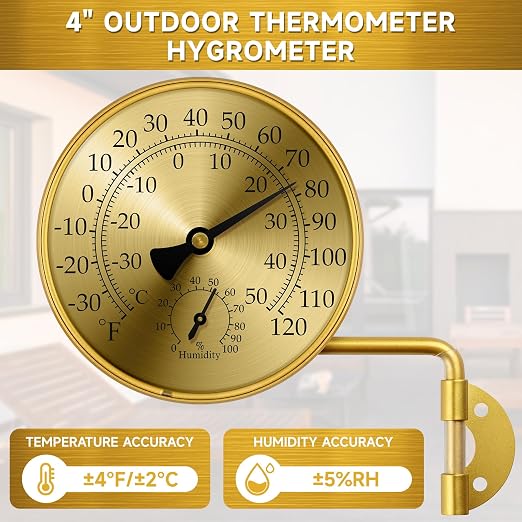 4 Inch Analog Outdoor Thermometer Hygrometer, Brass Mechanical Weather Station with Rotatable Wall Mount, Waterproof Large Dial Easy-Read Numbers for Patio Garden Greenhouse Home Outside
