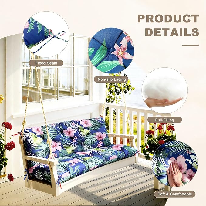Porch Swing Cushion with Backrest,Waterproof Bench Cushion for Outdoor Furniture,2-3 Seater Replacement Thickened Swing Cushion with Ties,Patio,Outdoor,Backyard and Garden (Tropical Floral,40x40")