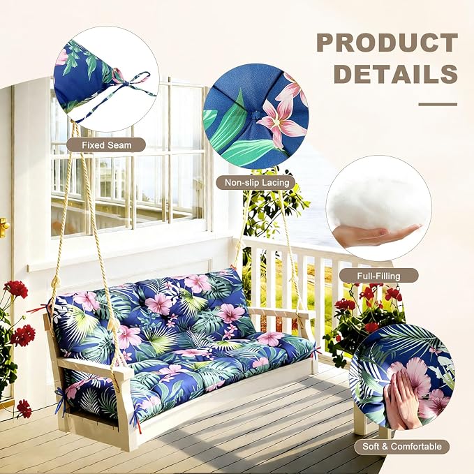 Porch Swing Cushion with Backrest,Waterproof Bench Cushion for Outdoor Furniture,2-3 Seater Replacement Thickened Swing Cushion with Ties,Patio,Outdoor,Backyard and Garden (Tropical Floral,60x40")