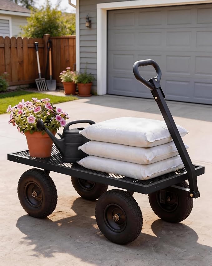 GarveeTech 1200LBS Heavy Duty Steel Garden Cart, Garden Wagon Cart on Wheels, Metal Yard Utility Wagon with Removable Mesh Sides, 13" All Terrain Tires, 180° Rotating Handle for Lawn, Garden, Farm