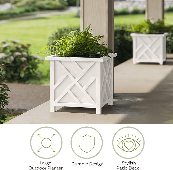 Lattice Design Outdoor Planter Box 2-Pack - 15.5” Square 16.5” Tall White Decorative Plant Pots for Front Porch Decor - Flower Pots Outdoor Planters for Porch Patio or Garden Decor by Pure Garden