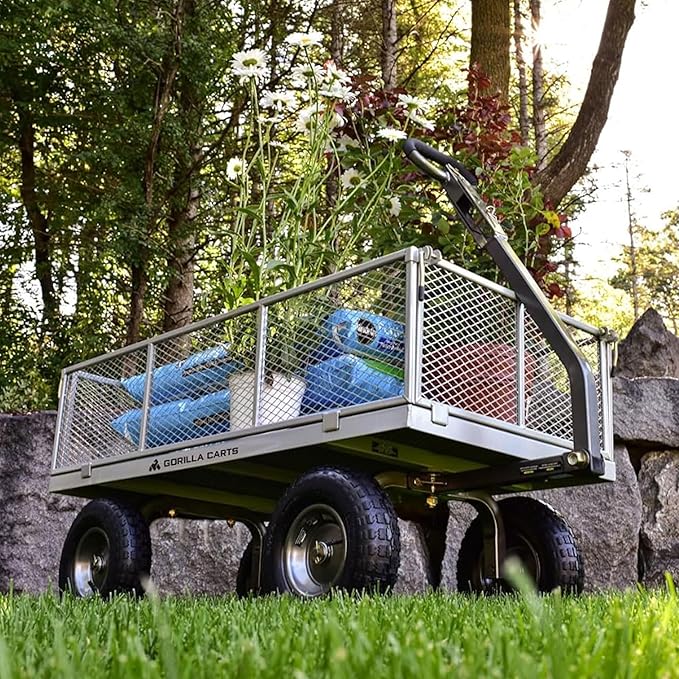 Gorilla Carts Steel Utility Garden Cart, 1,000-Pound Capacity, Gray - Heavy-Duty Outdoor Wagon with Removable Sides, 13-Inch Pneumatic Tires, and Convertible Pull or Tow Handle