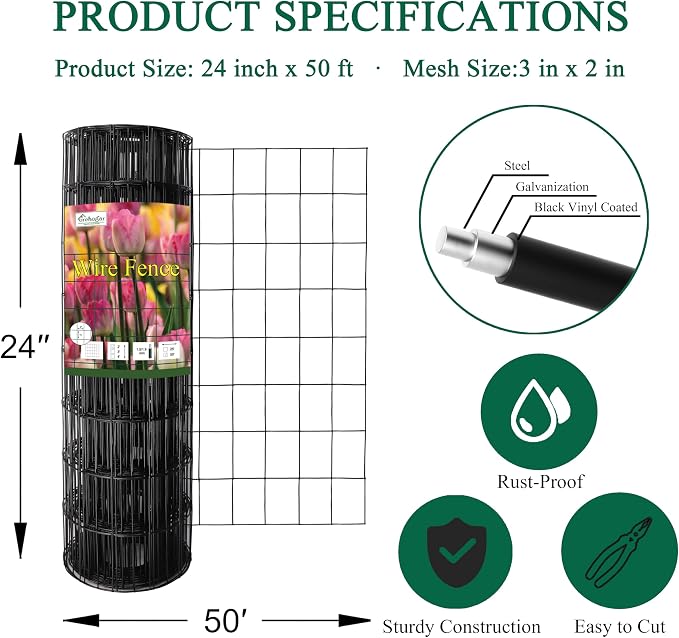 FOREHOGAR Black PVC Coated Welded Wire Fence 24 Inch x 50 Foot, 2 Inch x 3 Inch 16GA, Garden Border Fencing Roll Vinyl Coating Metal Wire Mesh for Yard Vegetable Plant Protection Poultry Netting