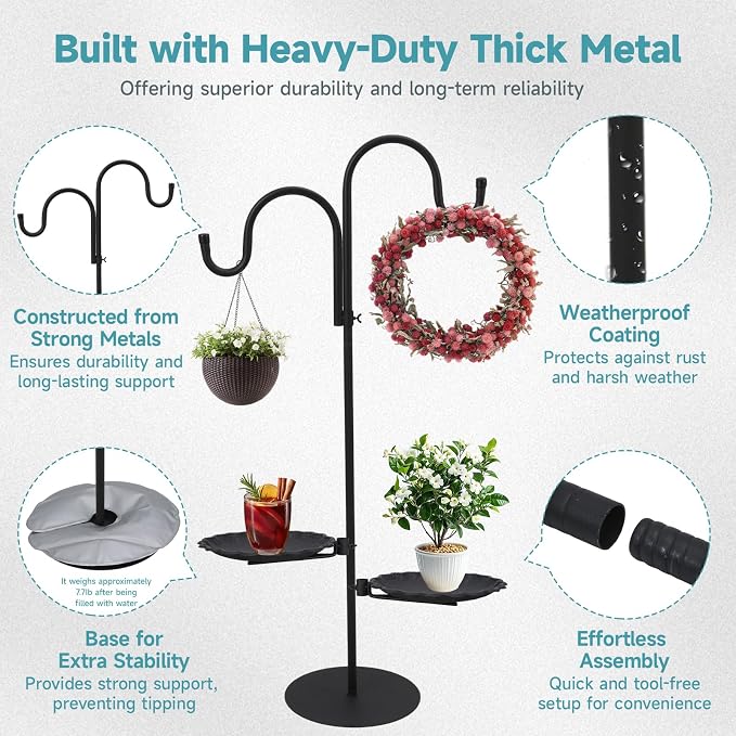 74" Shepherd's Hook Stand Plant，Wind Chime Hanger Stand, Bird Feeder,Waterproof Metal & Adjustable-Height Standing Pole Holder for Lantern and Wreath, Indoor & Outdoor