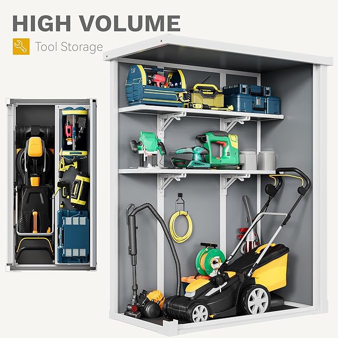 DWVO 4.3x2x5.5ft Outdoor Vertical Storage Shed with 2 Shelves, 50 Cu Ft Waterproof Resin Garden Shed with Lockable Door, Plastic Tall Tool Cabinet for Garbage Cans, Lawn Garden Supplies (Gray)