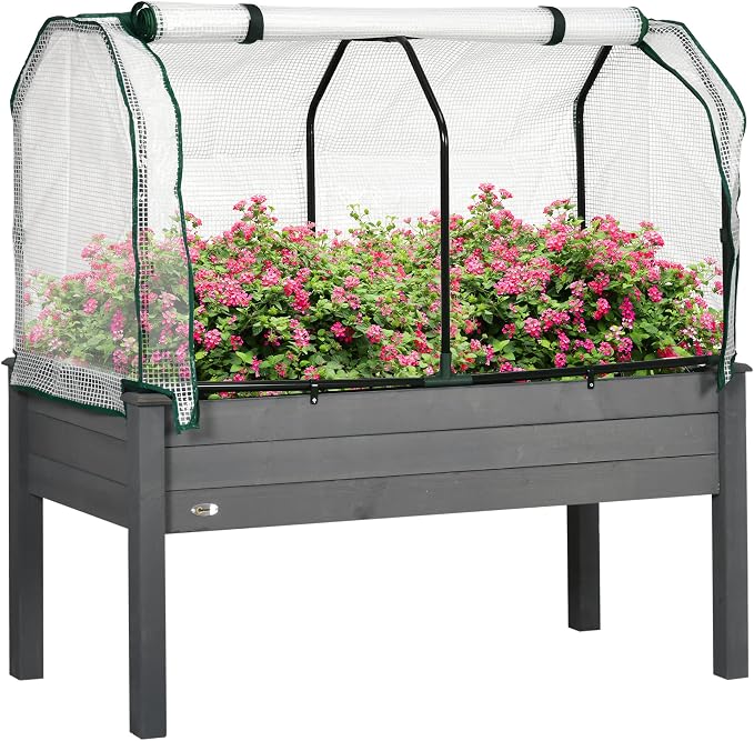 Outsunny Raised Garden Bed with PE Greenhouse Cover Outdoor Elevated Wood Planter Box for Herbs and Vegetables, Use for Patio, Backyard, Balcony, 48 x 22 x 46 inch, Dark Gray