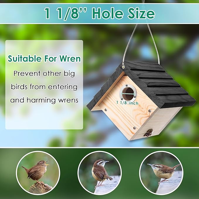 Dreyoo 1 Pack Wren House, 1-1/8'' Entrance Hole Hanging Wooden Wren Bird Houses for Outside with Metal Guard, Air Vents, Pine Wood for Chickadees (Black)
