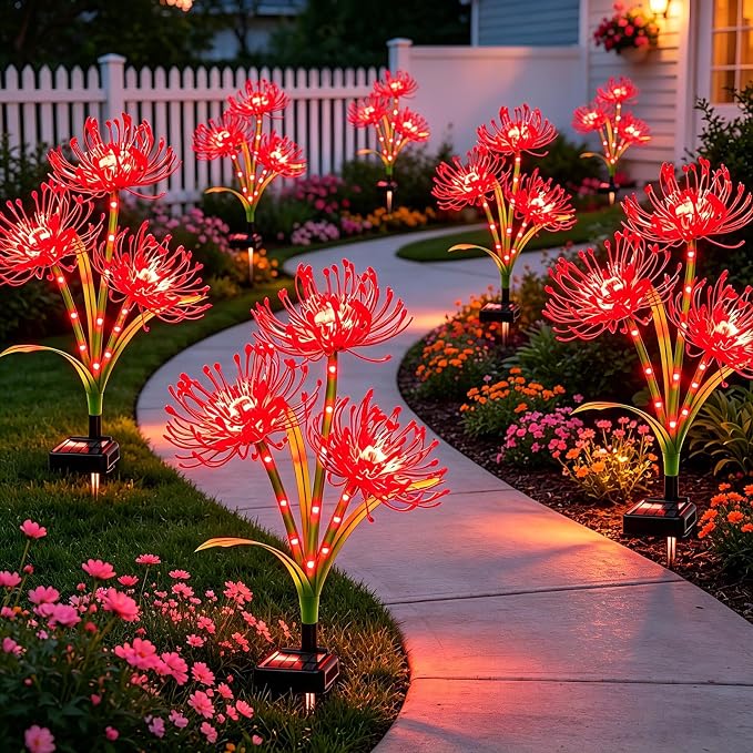 VOOKRY Solar Lights Outdoor, 8 Pack Red Spider Lily Garden Flower Lights | 3Heads per Stem& Individual Solar Panels, Warm White LED Waterproof Yard Lawn Pathway Decor,Decorative Garden Gifts for Women