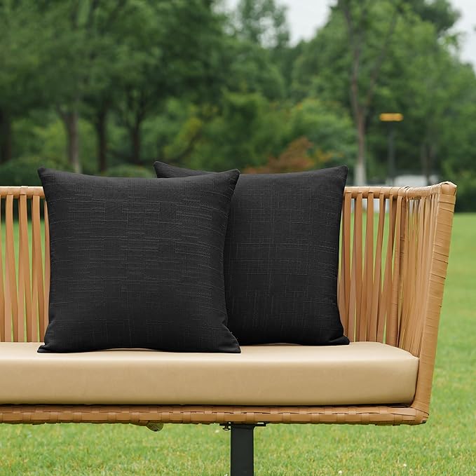 NiNi ALL Pack of 2 Decorative Outdoor Waterproof Pillow Covers Square Garden Linen Textured Cushion Sham Throw Pillowcase Set of 2 for Patio Farmhouse Garden Tent Couch 22x22 Inch Black