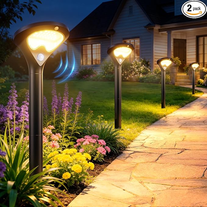 ELECLINK Solar Pathway Lights Outdoor with Motion Sensor, 2 Pack Security Solar Garden Lights, 400LM Bright LEDs, Large Glass Panel, 3 Modes Waterproof Path Lights for Yard Patio Walkway Driveway