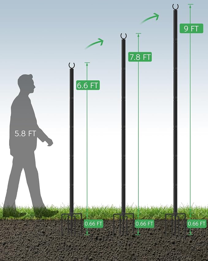 LAND·VOI Outdoor String Light Poles 1 Pack, Heavy Duty String Light Poles for Outside with 5-Prong Base & Adjustable Height, Perfect for Backyard, Patio, Garden, Fence and Party Decor