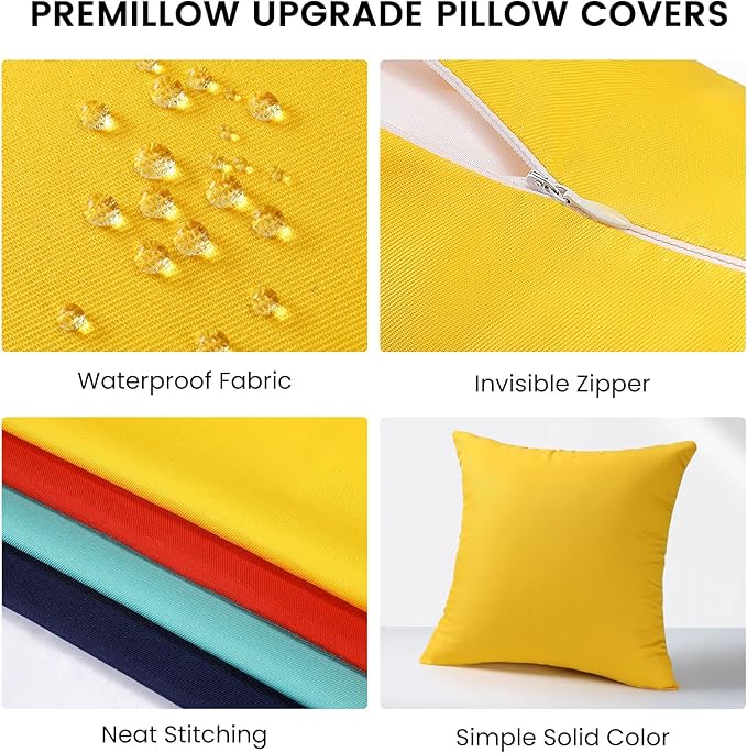 Premillow Outdoor Pillow Covers Set of 2, Decorative Farmhouse Waterproof Pillow Covers, Solid Linen Pillowcase Cushion Covers for Patio Garden Balcony Couch Sofa 20x20 inch, Yellow