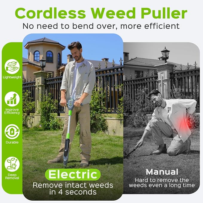Weed Puller Tool, 21V Powerful Garden Tools Electric Weeding Tool with 2.0Ah Battery and Charger, Gardening Tools Weeder Tool with 3-Claw Steel Head for Smooth Weeding, Gifts for Men Women