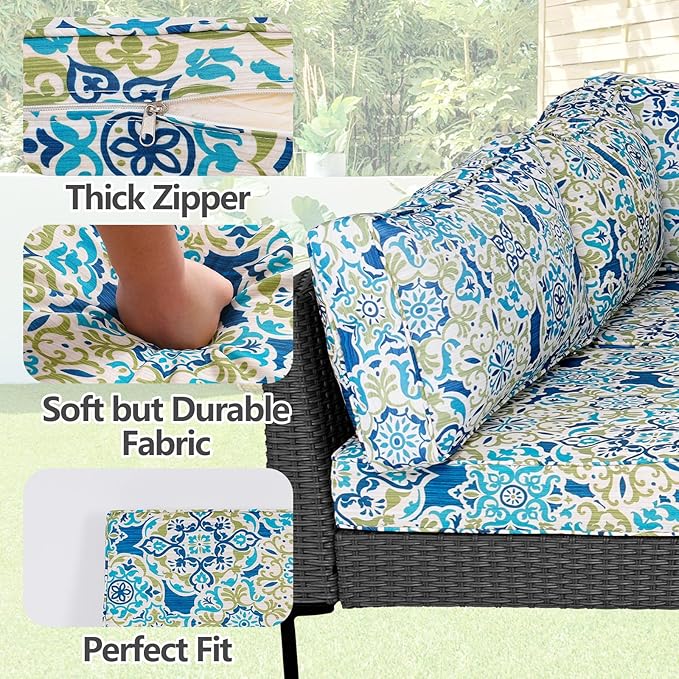 14Pcs Outdoor Cushion Covers Replacement Washable Waterproof UV w/Zipper for 6-Seaters Sofa Patio Slipcovers Set Seat and Back Covers Only (Morocco Dream, 25.6x25.6inch)