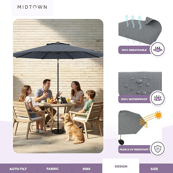 Midtown Umbrellas - 10-Year-No-Fade 10 Ft Patio Umbrella with Terylast Fabric, Auto-Tilt Aluminum Frame and 8 Reinforced Ribs for Deck, Pool, Garden & Beach - Heather Grey Canopy, Black Pole