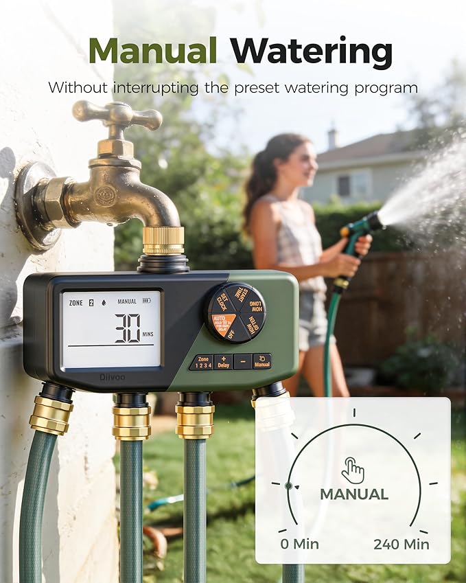 Diivoo 4 Zone Sprinkler Timer with Brass Inlet, IP68 Waterproof 4 Zone Water Timer with Large Display, Digital Control & Rain Delay & Manual Watering for Garden Hose, Lawn, Yard