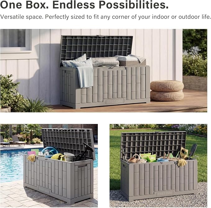 EAST OAK 2-Piece Outdoor Storage Box Set, 31 Gallon & 60 Gallon Waterproof UV-Resistant Resin Deck Boxes, Lockable Storage for Patio Cushions, Garden Tools, Pool Accessories, Grey
