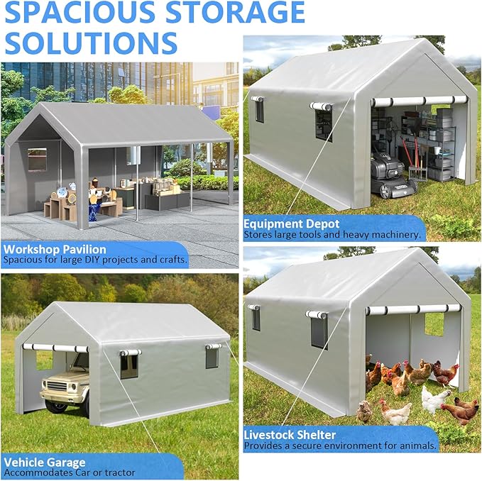 Jocoevol Carport 10x20 FT Enclosed Carport with Roll-up Windows, Portable Garage with Removable Sidewalls & Doors, Car Canopy Tent with Sandbags All-Season Tarp for Car Boat Truck Motorcycle