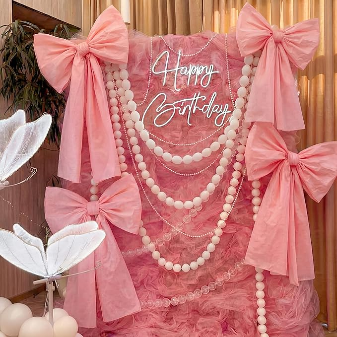 Pink Bow Birthday Decorations Set 4 DIY Giant Wall Large Pink Bows 100 Link Balloons Hanging Cute Items for Coquette Home Room Wedding Birthday Baby Shower Party Supplies