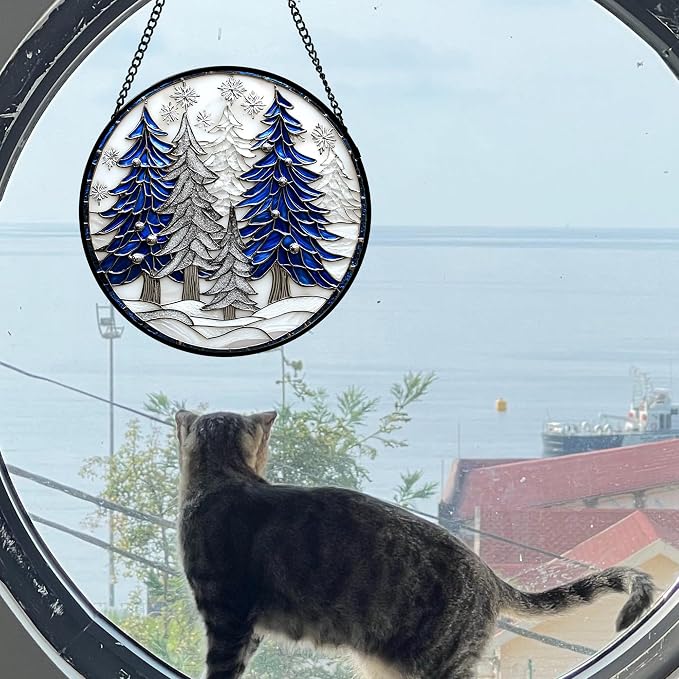 DASTOLL Stained Glass Window Hanging 4 Pcs Set White Winter Christmas Snow Scene Large 11.8" - Suncatcher Door Garden Sun Catcher Decor Birthday for Mom Woman Nana Men Friend Wife