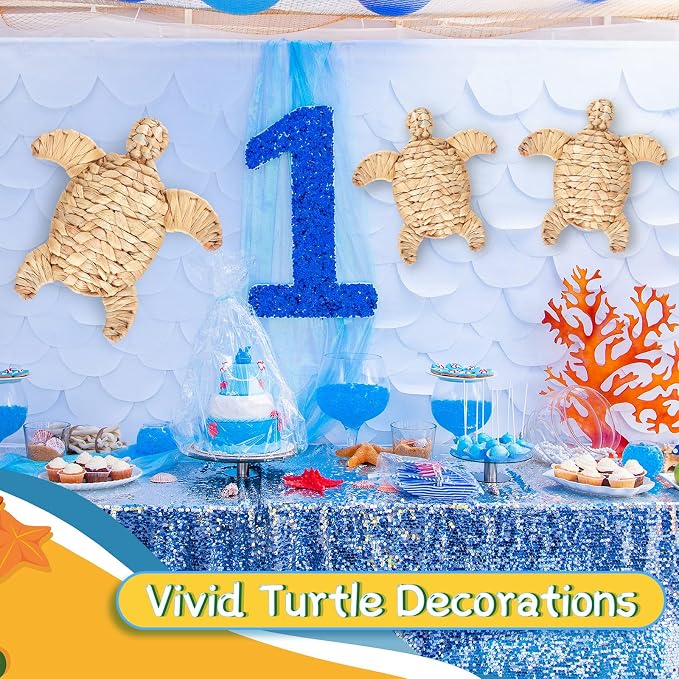 Threehoney 3 Pcs Sea Turtle Beach Theme Decor 3 Size Handmade Wicker Turtle Wall Decor Sea Life Hanging Wall Art Coastal Nautical Sculpture Table Decoration for Boho Bathroom Indoor Outdoor Ornament