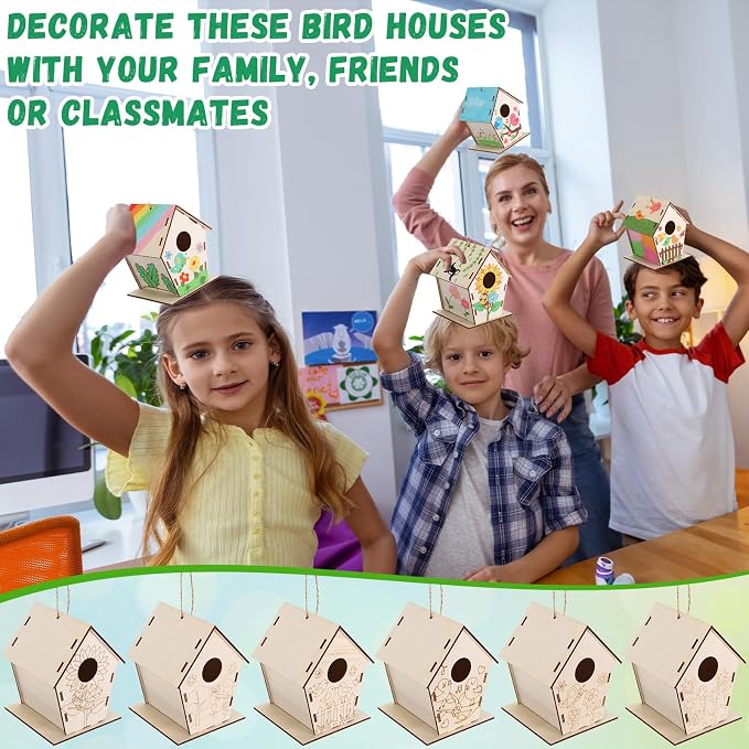 DoubleFill 36 Pack Wooden Bird House Bulk for Kids Birdhouse Kit Wood Houses for DIY Unfinished Hanging Birdhouse Kits Wooden Craft Houses to Paint VBS Craft Family Crafts