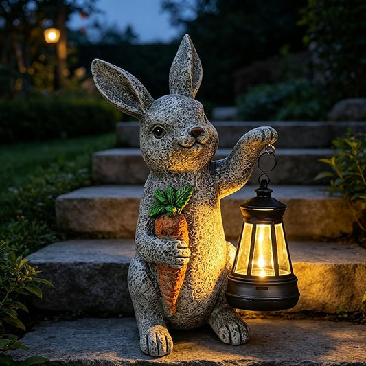 Garden Statues Rabbit Solar Lantern Outdoor Handmade Resin Statue Bunny with Cute Carrot for Patio, Yard, Mother's Day Gift Ideas