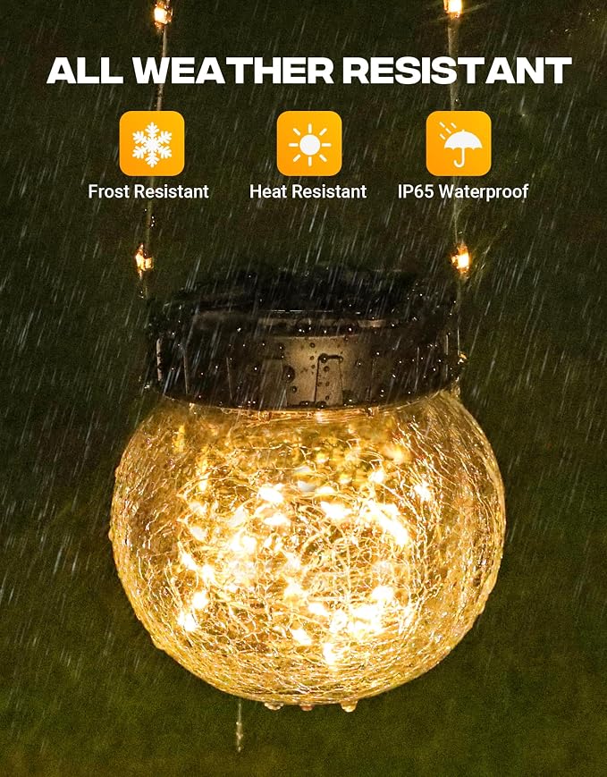 PARTPHONER Solar Lights Outdoor Waterproof 24-Pack, Solar Powered Hanging Lantern Cracked Glass Hanging Globes for Yard Decor Christmas Decoration, Shepherd Hook, Garden Tree Table Ornaments, Warm