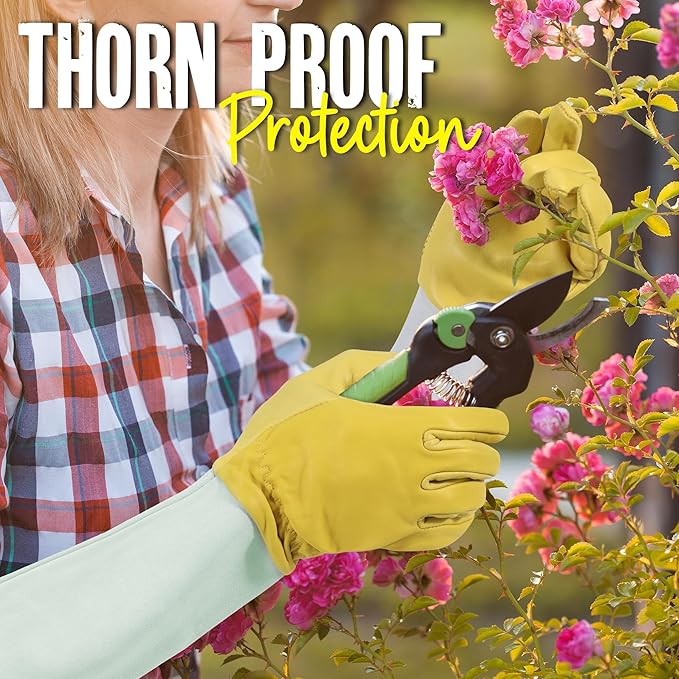 HANDLANDY Rose Pruning Gardening Gloves for Men Women, Thorn Proof Forearm Protection Leather Garden Gloves, Gardening Gifts for Gardeners (Golden Yellow, Large)