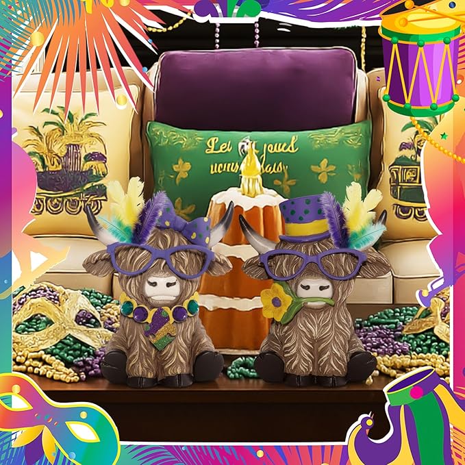 Simgoing 2 Pack Mardi Gras Highland Cow Figurines, Mardi Gras Masks Gnomes Carnival Masquerade Highland Cow Green Gold Purple Table Decor Scottish Resin Statue Calf Gift for Home Garden Kitchen Office