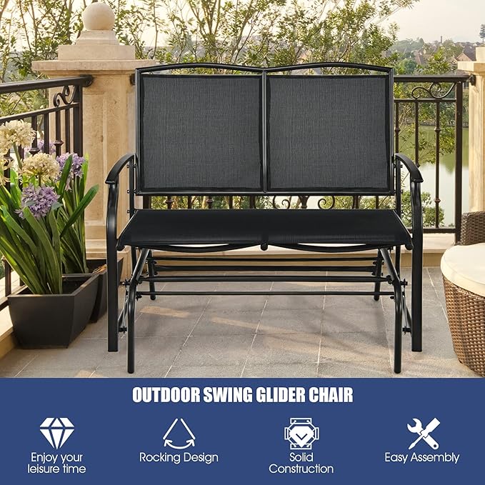 Giantex Patio Glider Benches for Outside, Swing Glider Chair with Steel Frame, 400 LBS Capacity, Patio Swing Rocker, 2-Person Loveseat for Backyard, Poolside, Lawn, Balcony, Porch Glider Bench(Black)