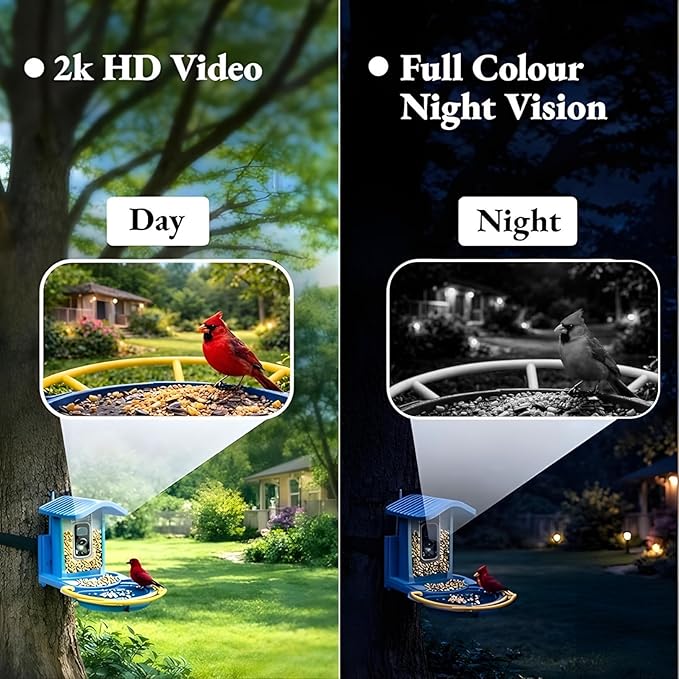 Bird Feeder with Camera, 2K HD Smart Outdoor Bird Feeder, Solar Powered 5200mAh Battery, AI Bird Identification (10,000+ Species), Motion Detection Alerts, Night Vision, Bathing Area, OKAM Pro App