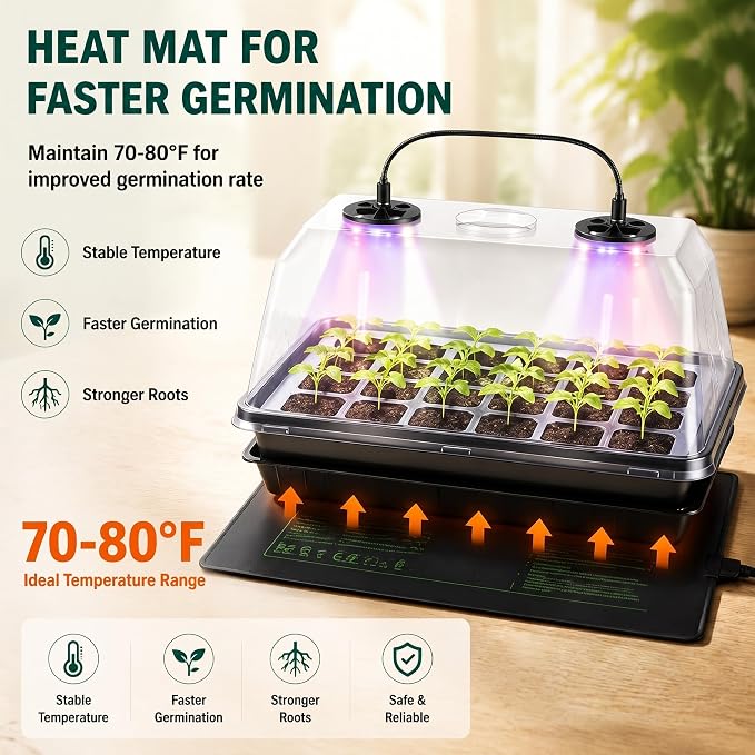 2 Sets 60 Cell Seed Starter Tray with Grow Lights and Heat Mat, Seed Starter Kit with 5.9” Humidity Dome and Vents, Indoor Plant Germination Trays, Seedling Startering Trays for Faster Germination