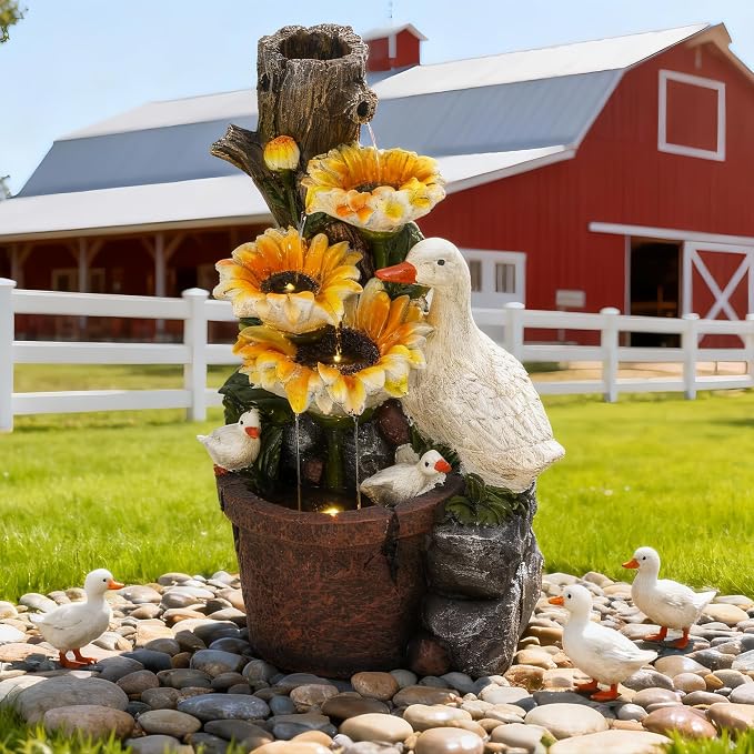 AUTODAYA 19" Water Fountain Indoor Outdoor, 4-Tier Sunflower & Duck Design with LED Lights and Cascading Waterfalls, Rustic Decor for Garden, Yard, Patio, Flowerbed & Farmhouse