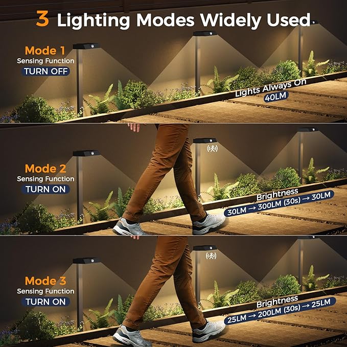 XMCOSY+ 8 Pack Solar Pathway Lights with Motion Sensor, 300LM Metal 3 Modes Solar Lights Outdoor for Garden, Backyard, Yard (Warm/Cool White)