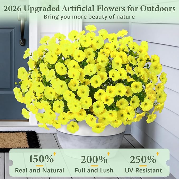 Yastouay Artificial Flowers for Outdoors, 26 Bundles Fake Outdoor Flowers, UV Resistant Artificial Plants & Flowers for Decoration, Yellow Realistic Morning Glory for Outdoor Porch Garden Decoration