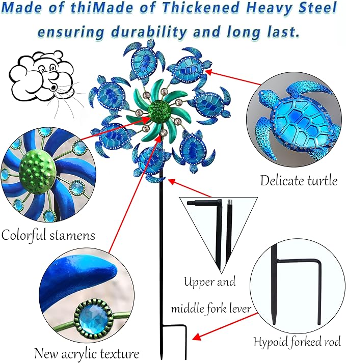 COOZZYHOUR 39" Sea Turtle Wind Spinners Metal Garden Stake-Outdoor Ocean Theme Wind Spinners -Wind Sculpture Yard Art Decorations for Patio,Lawn & Garden Decor-Blue