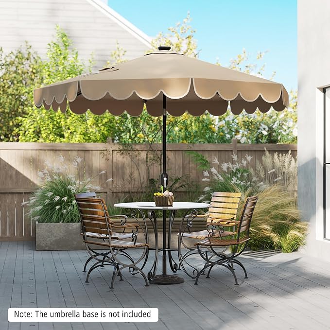 Tangkula 9 FT Solar Patio Umbrella, 2-Tiers Scalloped Outdoor Table Market Umbrella with 32 LED Lights, Vented Top, Tilt Adjustment, Crank, 8 Ribs for Backyard Poolside Deck Beach Lawn (Coffee)