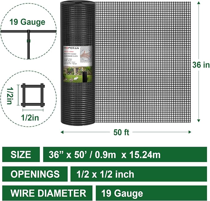 HOPERAN Black Hardware Cloth 1/2 inch 36 inch x 50 Foot 19 Gauge - Vinyl Coated Welded Chicken Wire Fencing Mesh, PVC Wire Fence Roll for Garden Fence, Gopher Wire and Poultry Netting Cage