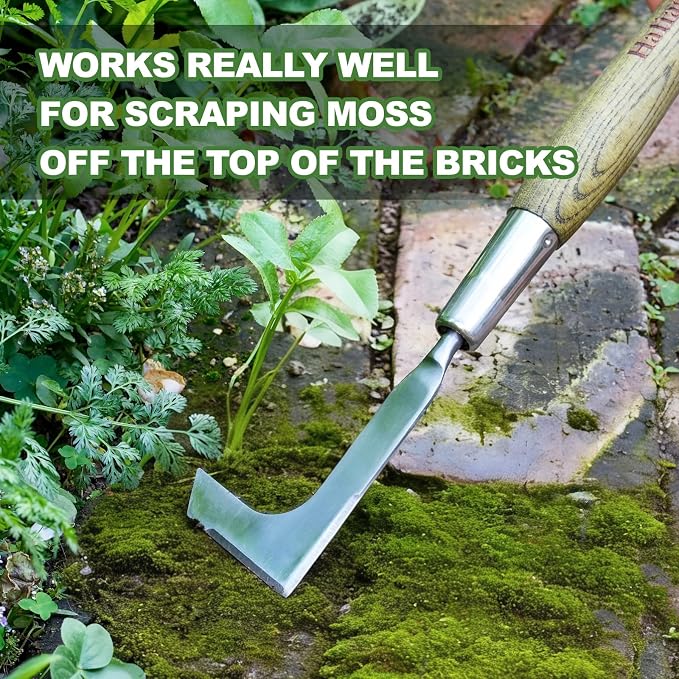 Haliaeetus Crack Weeder Tool, 17'' L-Shaped Stainless Steel Crevice Weeding Tool, Comfortable Wooden Handle Paver Weeder, Sidewalk Weed Removal Tool for Driveway, Bricked Patio and Terrace Paving Moss