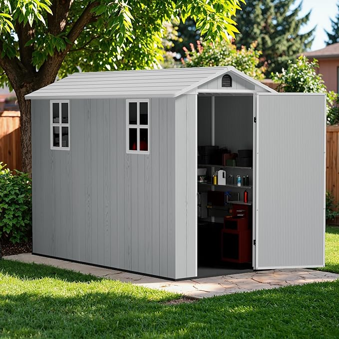 Greesum 4x8FT Plastic Storage Shed with Floor, Resin Outdoor Storaged Sheds with Lockable Door, All Weather Tool Shed with Window and Vent, Easy Assembly for Garden, Patio, Backyard, Light Gray
