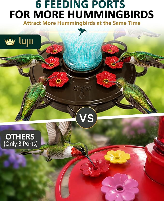 LUJII Smart Hummingbird Feeder with Camera for Outdoor Hanging, Hand Blown Glass, Solar WiFi Feeder with Live View App, 6 Feeding Ports, Leak-Resistant Design, Ant Moat & Gift Box, 32 fl oz, Yellow
