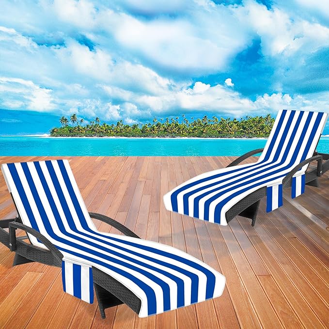 Lounge Chair Towel Cover, Beach Chair Covers (Pack of 2), Chaise Lounge Cover with 3 Pockets for Pool Beach Garden Courtyard Outdoor Trips, 85 x30 in, Striped Dark Blue